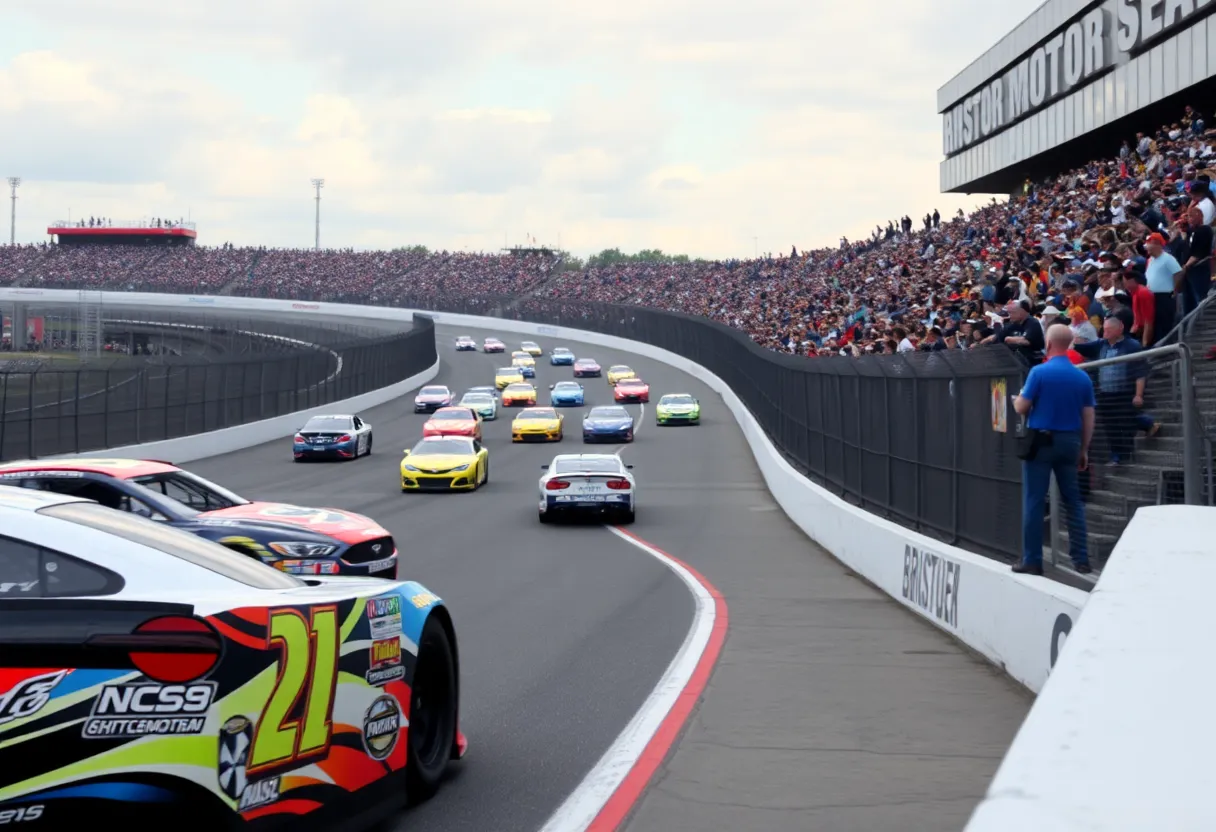 NASCAR cars racing at Bristol Motor Speedway during the Food City 300