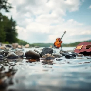 Symbolic image representing collaboration in music with stones and a river.