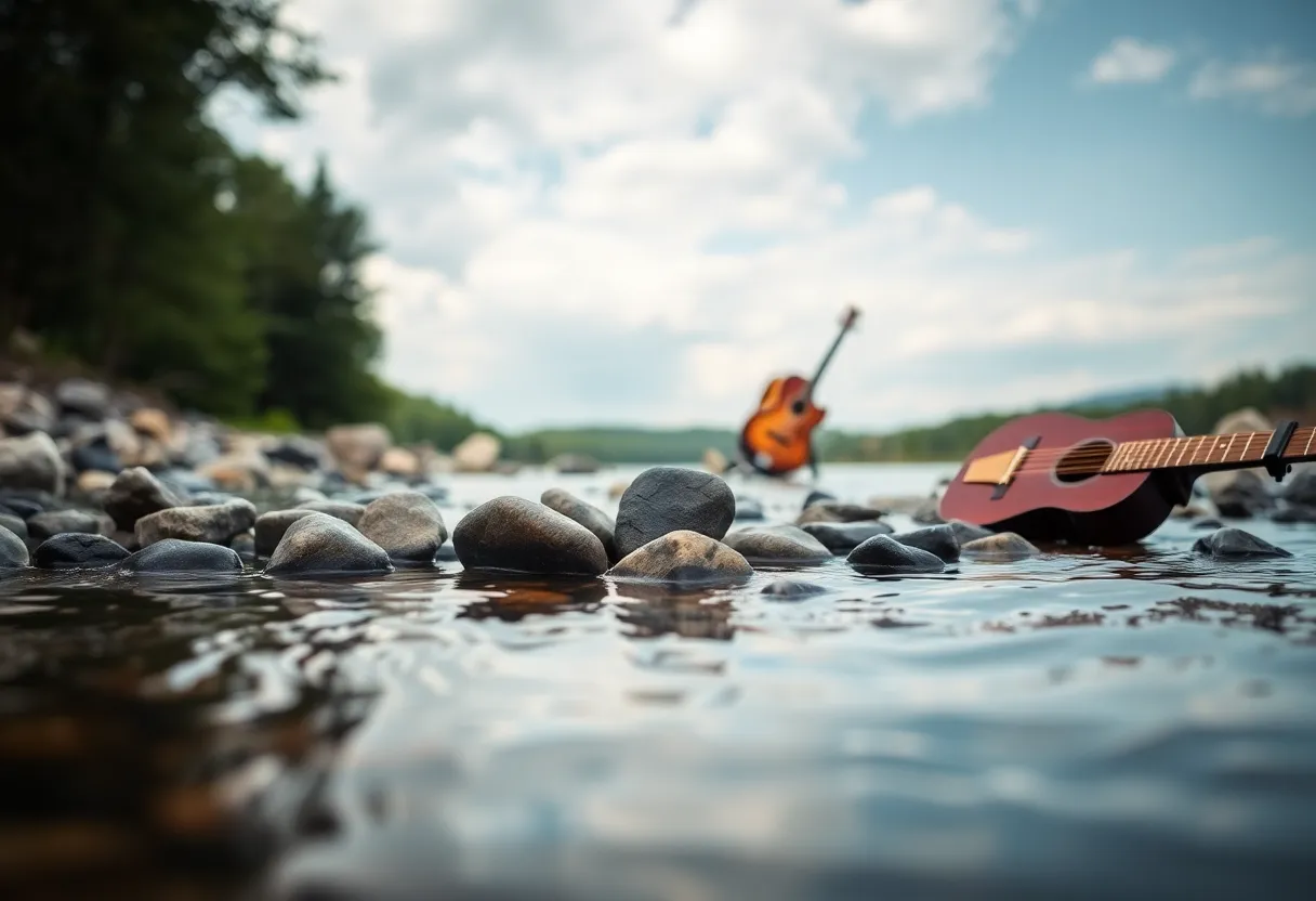 Symbolic image representing collaboration in music with stones and a river.