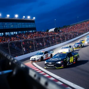 NASCAR race scene with Denny Hamlin leading the pack during the Enjoy Illinois 300.