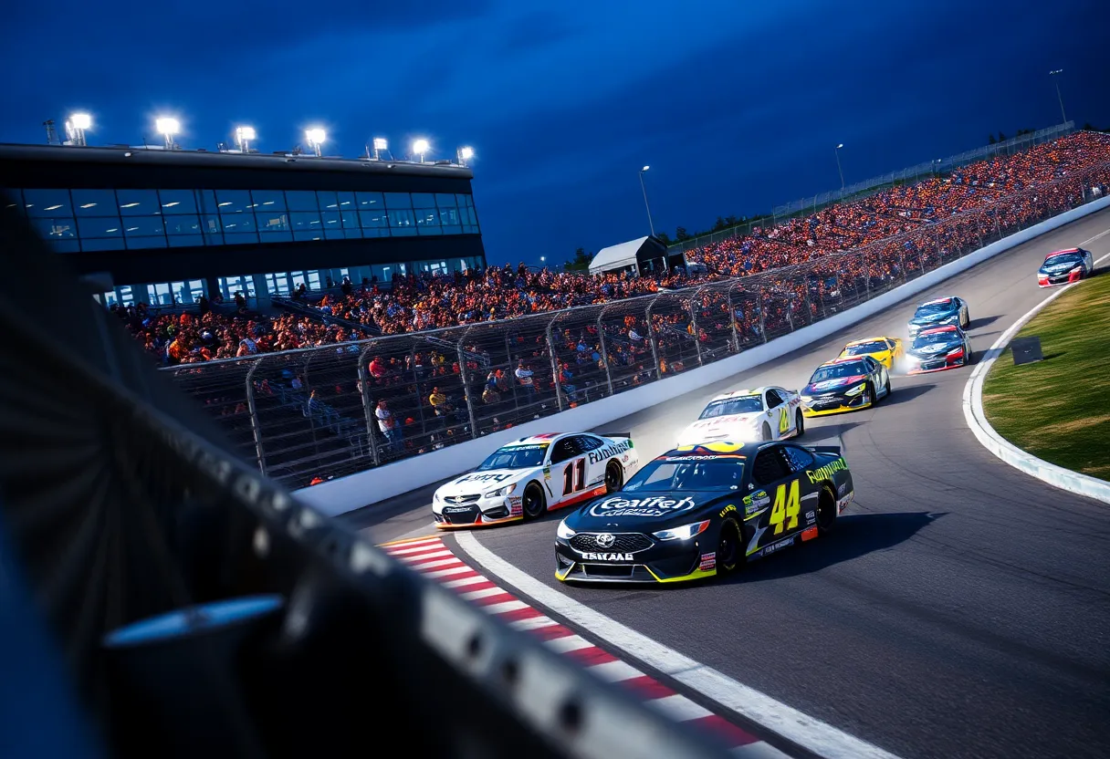 NASCAR race scene with Denny Hamlin leading the pack during the Enjoy Illinois 300.