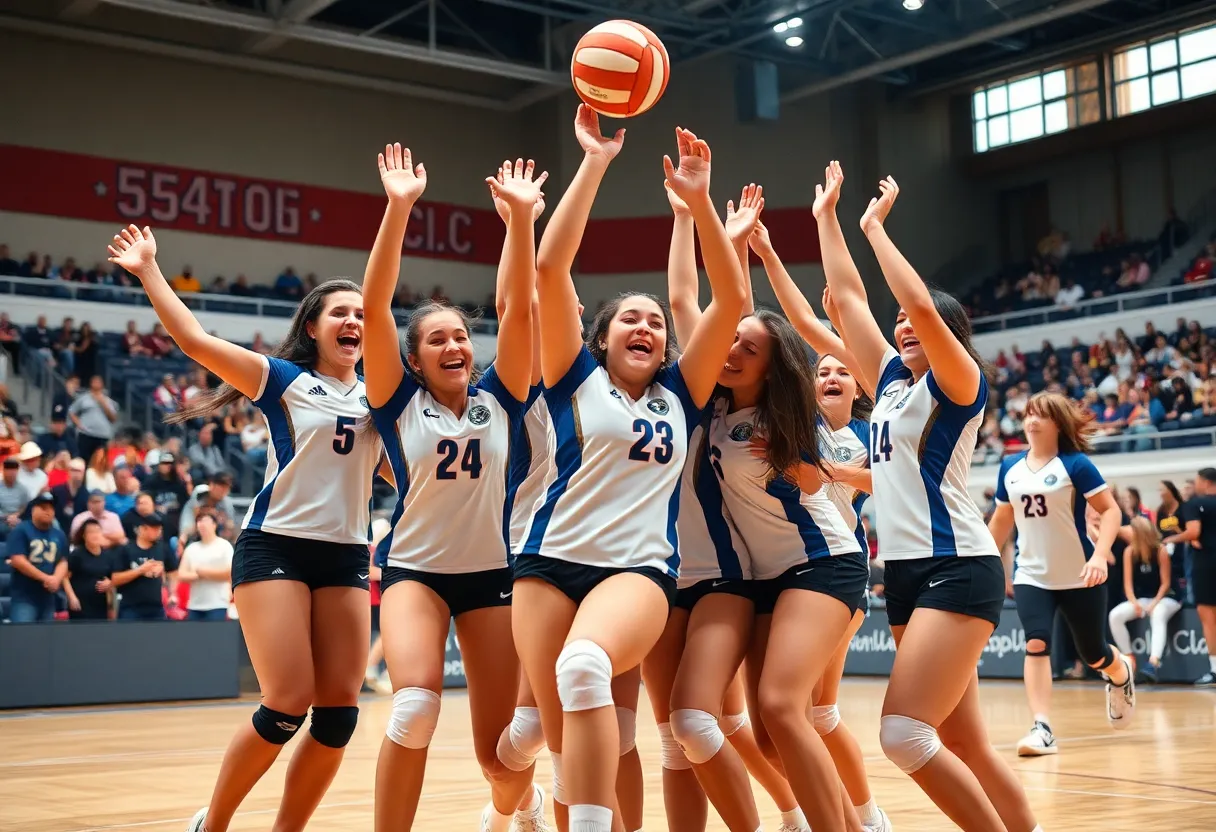 Hidden Valley volleyball team celebrating their tournament victory on the court.