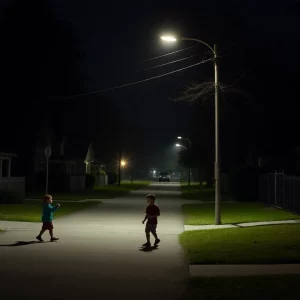 Illustration of a neighborhood at night, symbolizing tragedy.