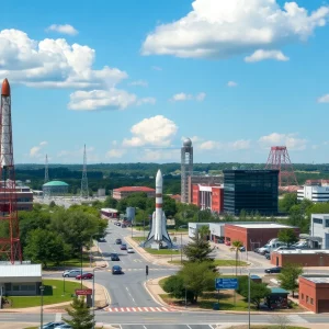 View of Huntsville, Alabama with space-themed elements