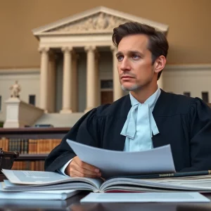 Justice reflecting on legal matters with law books