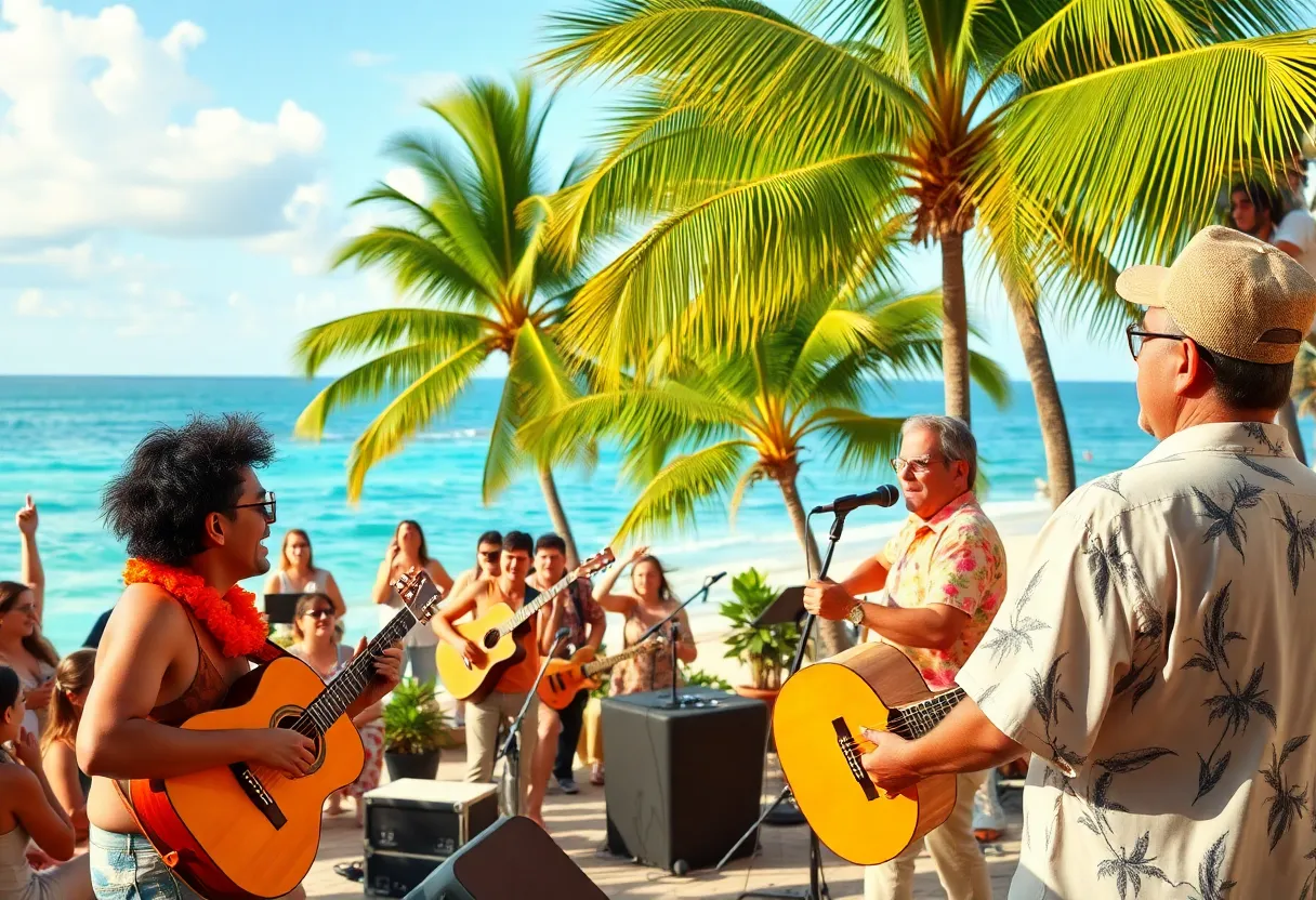 Audience enjoying the Key West Band concert with a tropical theme