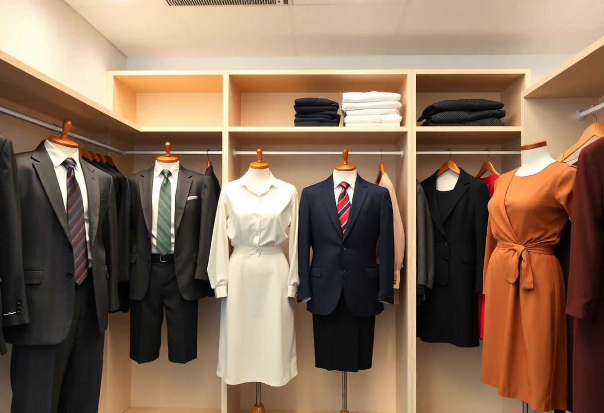 Career closet at King University with various professional outfits