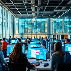 Modern university campus with digital design elements