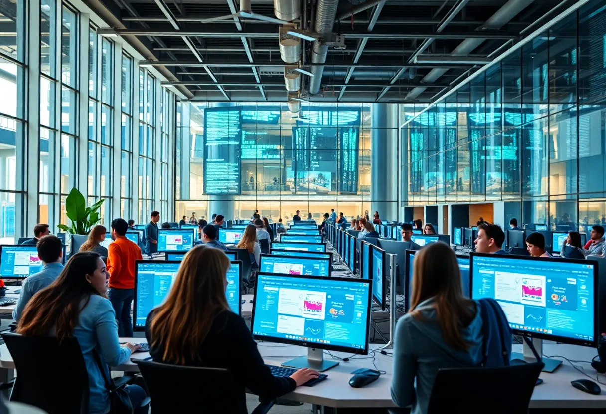 Modern university campus with digital design elements