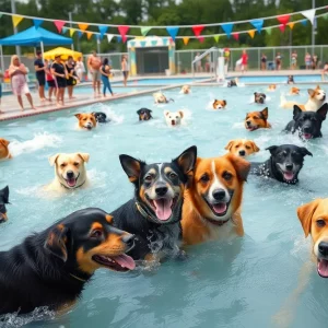 Dogs of all sizes enjoying the water at the Kingsport Aquatic Center Drool Party