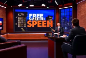 Television studio symbolizing late-night comedy and censorship theme