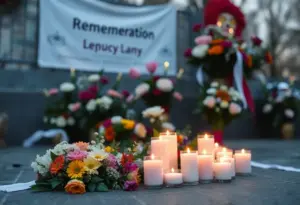Memorial setup featuring flowers and candles for Hendersonville community members