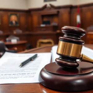 Courtroom scene depicting legal documents and a judge's gavel.