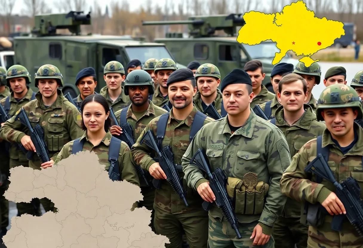 A diverse group of soldiers preparing for deployment to Ukraine with military vehicles.