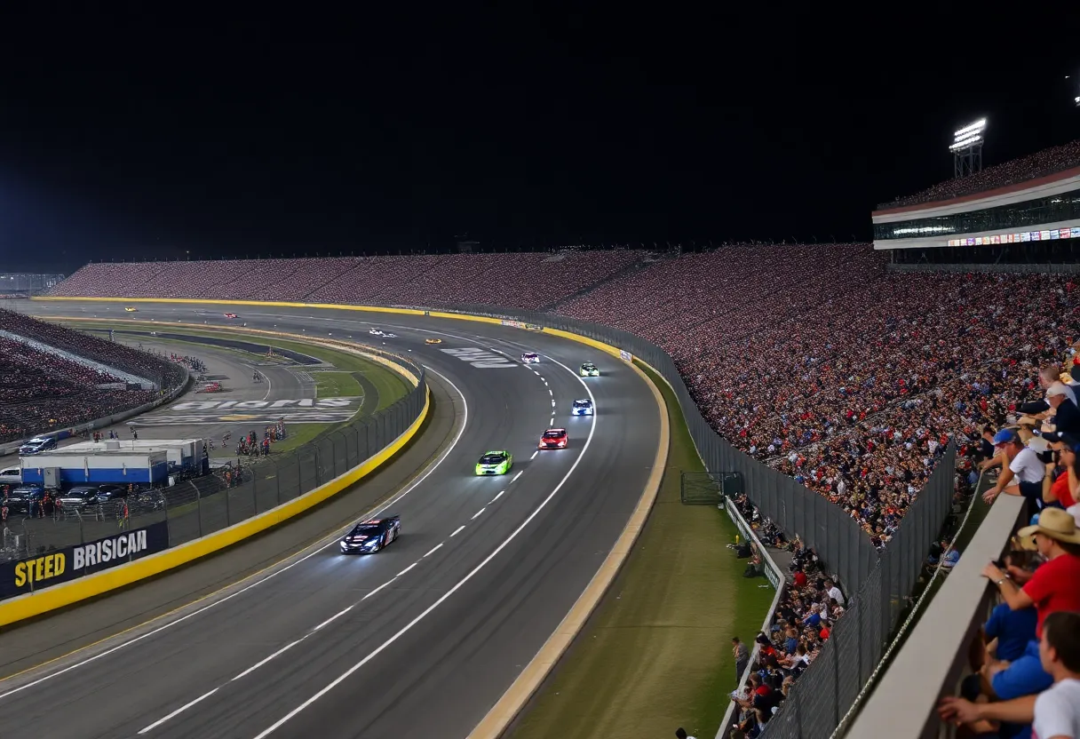 NASCAR cars racing at night at Bristol Motor Speedway