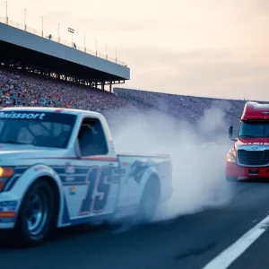 NASCAR trucks racing at Bristol Motor Speedway during the UNOH 250 event.
