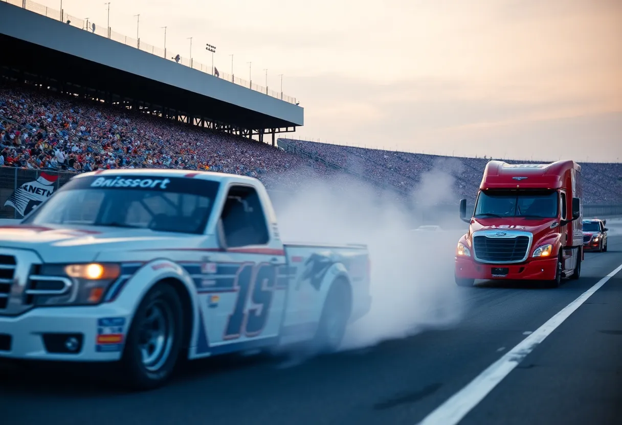 NASCAR trucks racing at Bristol Motor Speedway during the UNOH 250 event.
