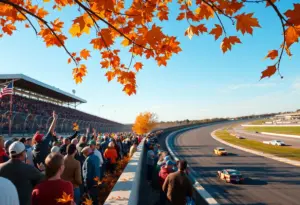 Cars racing at New Hampshire Motor Speedway in autumn
