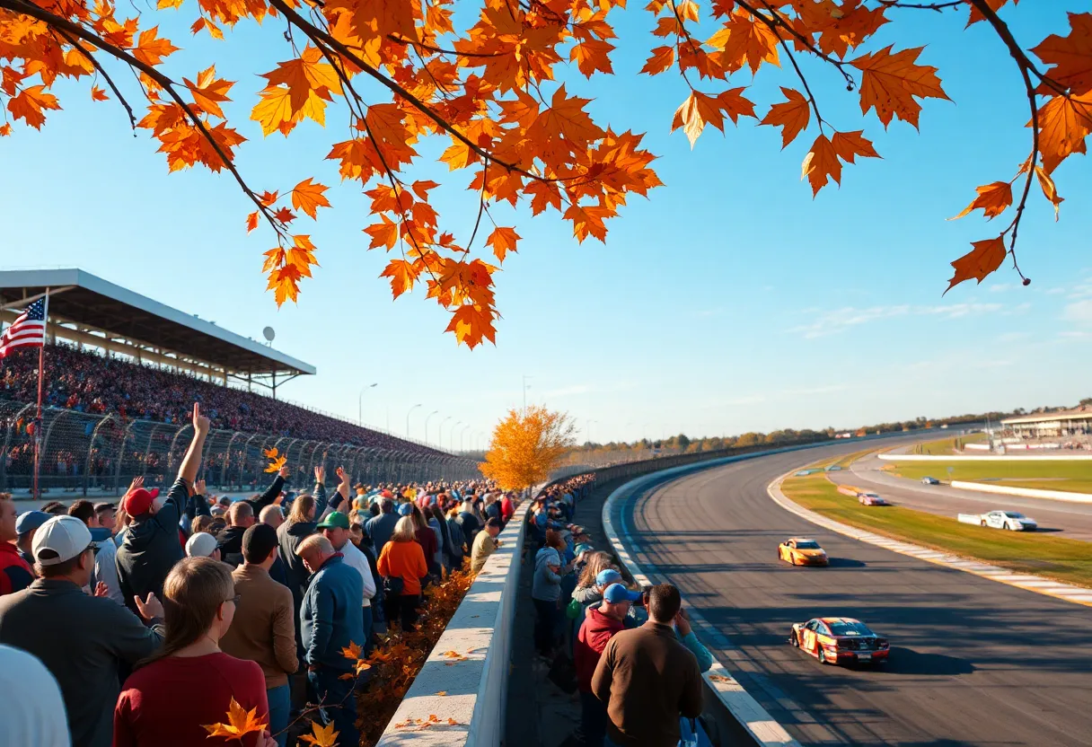 Cars racing at New Hampshire Motor Speedway in autumn