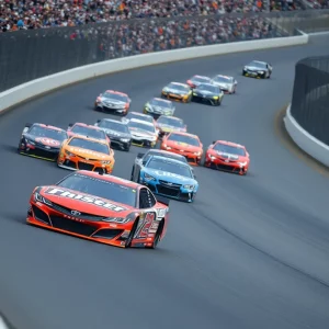 Cars racing at Bristol Motor Speedway during a NASCAR event