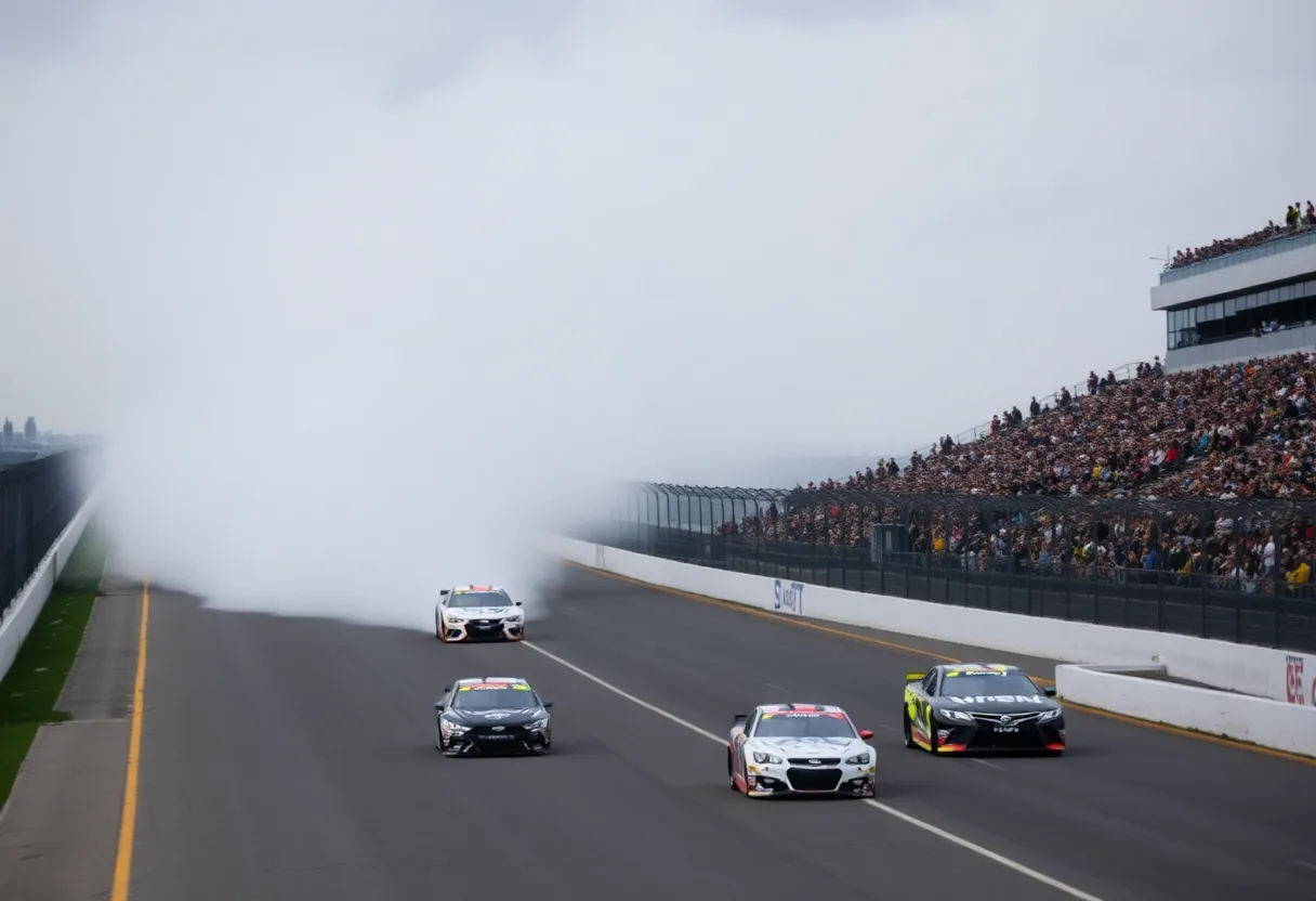 Cars racing at Bristol Motor Speedway during a NASCAR event