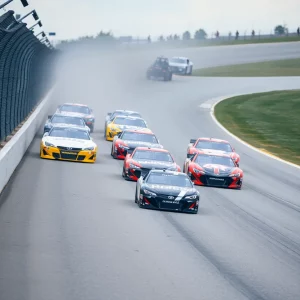 Cars racing closely at the World Wide Technology Raceway