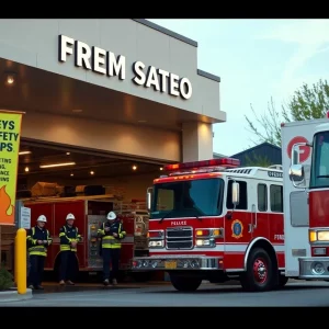 Exterior view of the new Bristol fire station with firefighters and a fire truck.