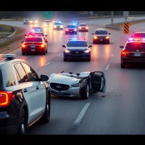 Scene of police vehicles pursuing a suspect on the highway