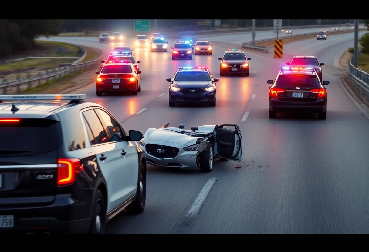 Scene of police vehicles pursuing a suspect on the highway