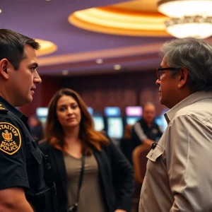 Police officer communicating with couple at casino