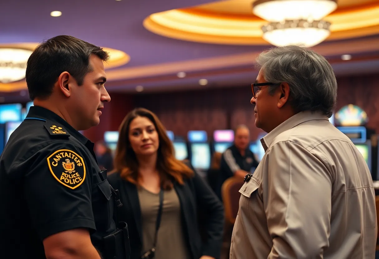 Police officer communicating with couple at casino