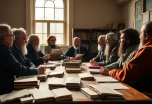 Scholars engaging in a deep discussion about political history and parallels in a classroom.