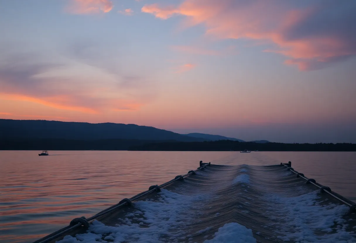 Peaceful sunset over South Holston Lake with boats