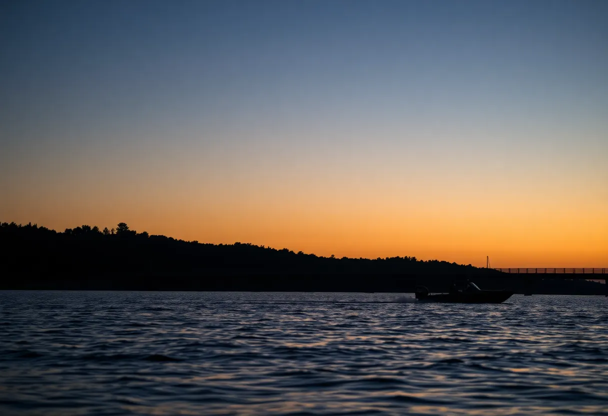 Serene view of South Holston Lake with a silhouette of a boat near a bridge