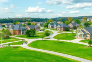 A vibrant neighborhood scene in Tennessee with families and schools