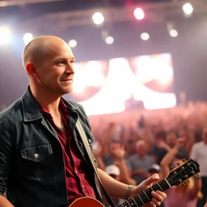 Tim McGraw with a shaved head preparing for concert performances