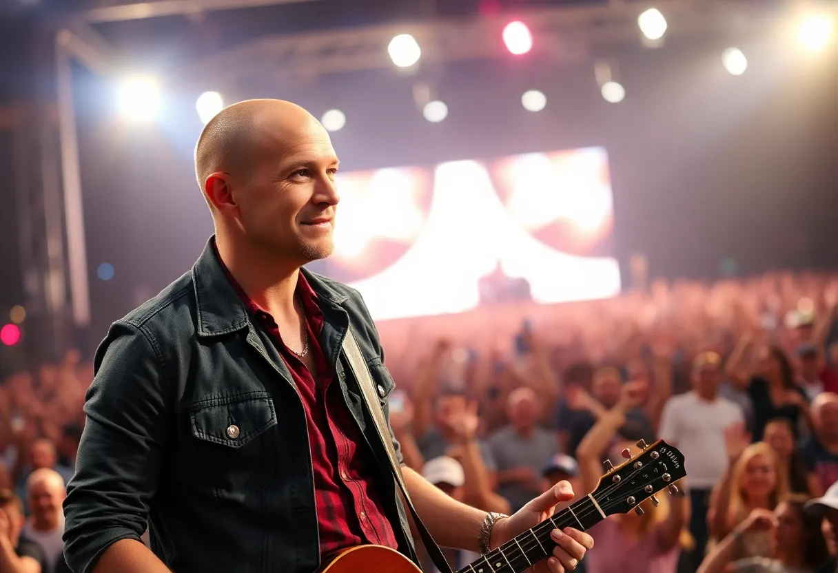 Tim McGraw with a shaved head preparing for concert performances