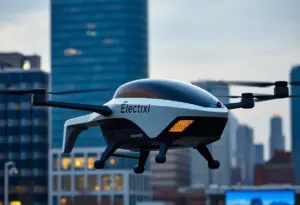 Electric flying taxi by Vertical Aerospace in an urban setting.