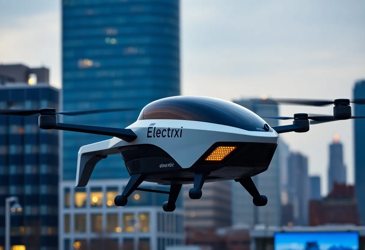 Electric flying taxi by Vertical Aerospace in an urban setting.