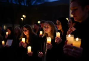 Memorial vigil attendees holding candles to honor Charlie Kirk.
