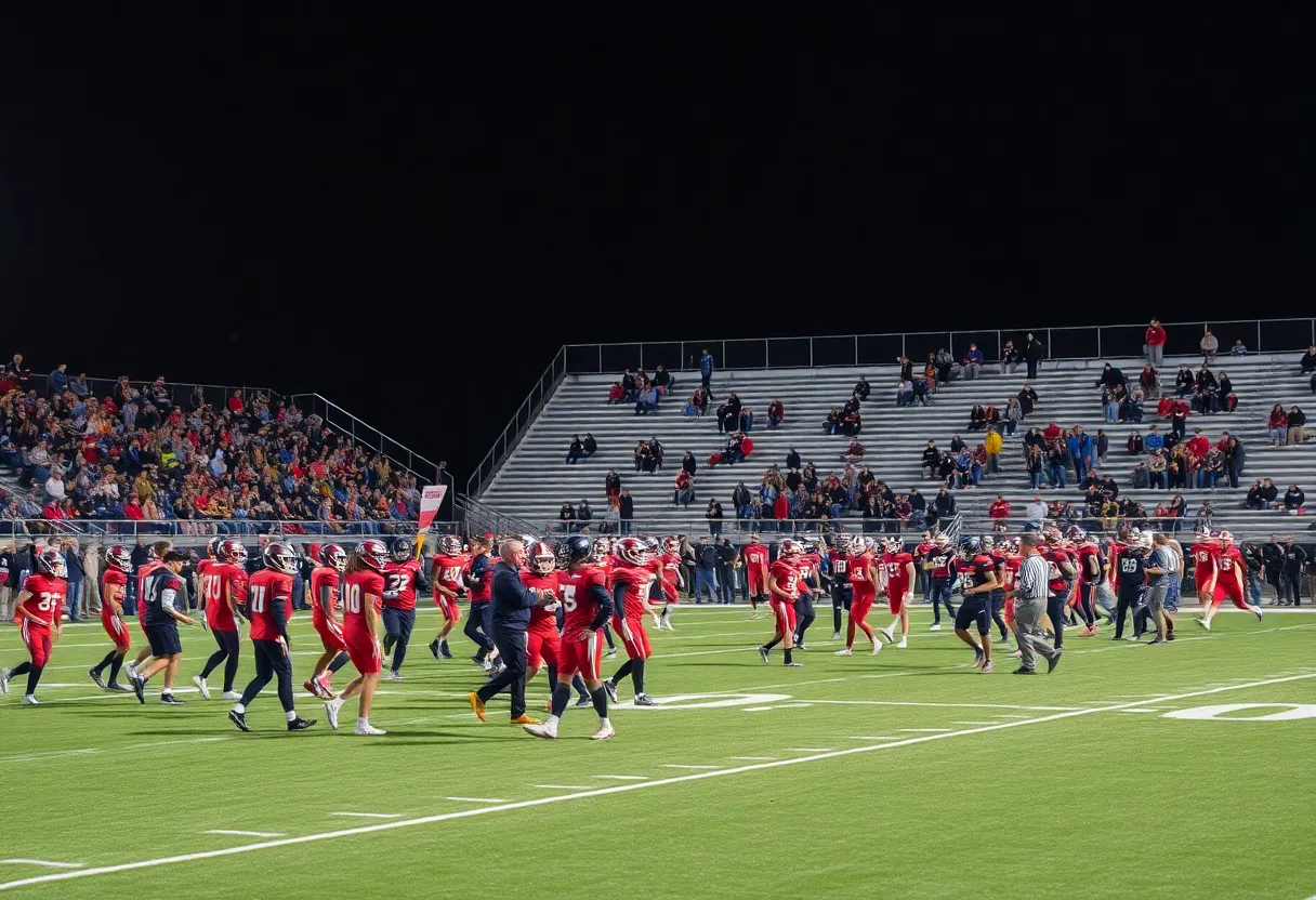 High school football teams Virginia High Bearcats and Tennessee High Vikings warming up before the game.