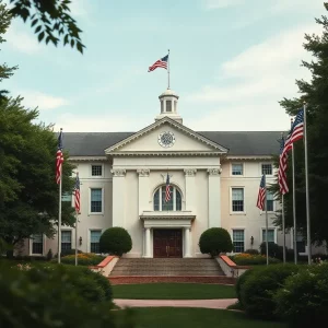 West Point Academy surrounded by greenery and flags