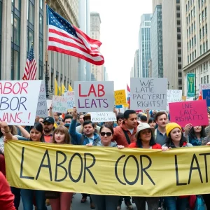 Crowd of protesters advocating for worker rights during Labor Day demonstrations.