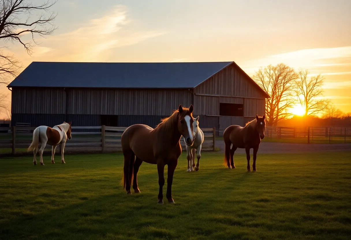 Scenic view of American Saddlebred horses in rural landscape