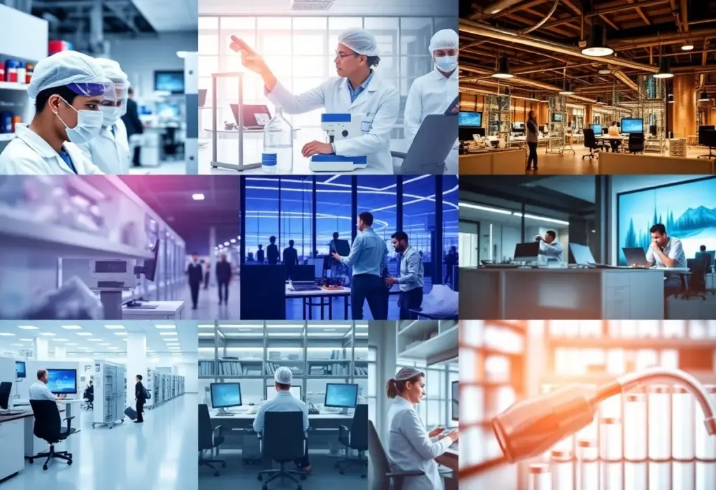 Scenes from the biopharma sector depicting workforce reductions