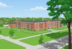 Conceptual image of apartment buildings on former school site in Bristol Virginia