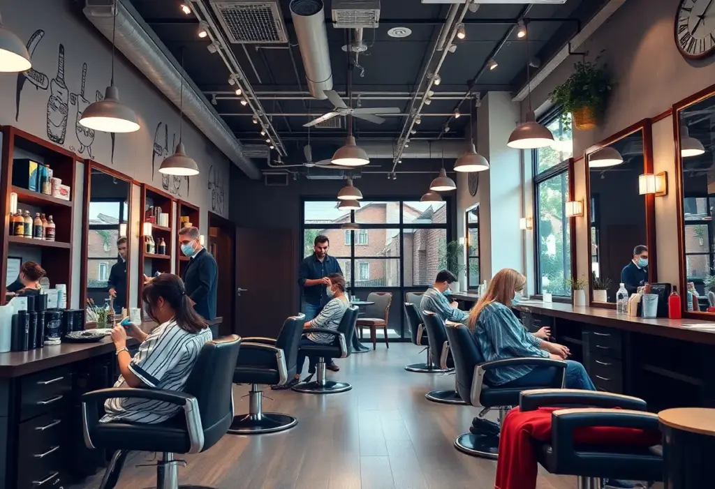 Interior of the Bristol Barber Club showcasing barbers providing services in a stylish environment