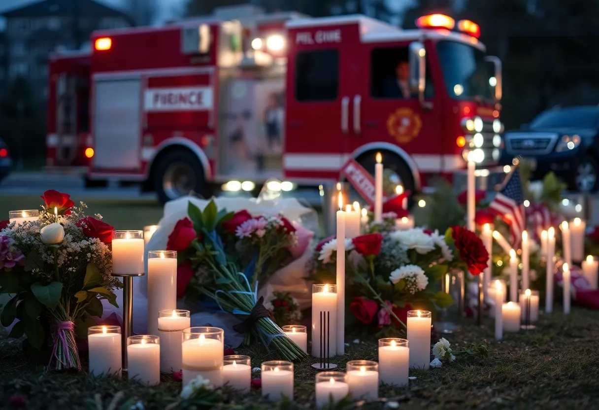 Community memorial for a fallen firefighter with flowers and candles