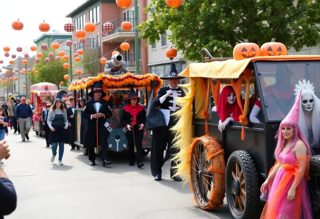 A vibrant Halloween parade in Bristol with colorful costumes and decorations