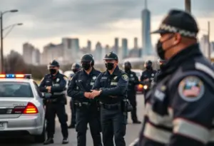 Police officers arresting a suspect in a city environment